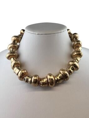 Zara Chunky Heavy Gold Tone Hammered Beaded Cord Necklace 17-18"